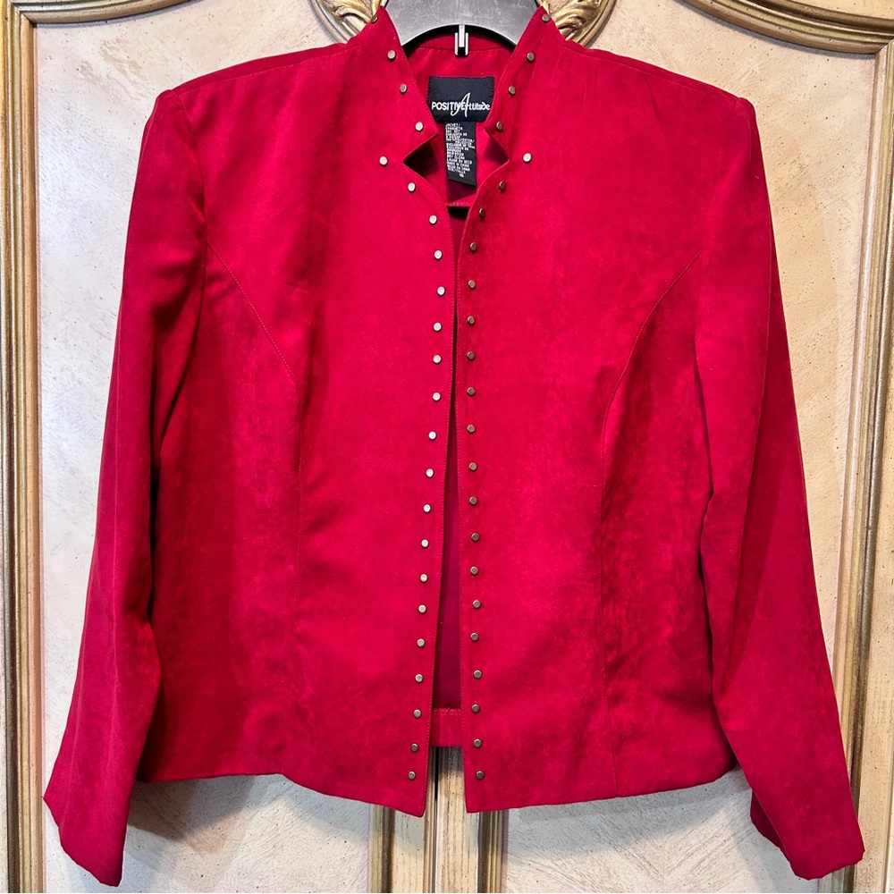 Positive Attitude Red Faux Suede Bronze Gold Stud Studded Red Open Front Blazer